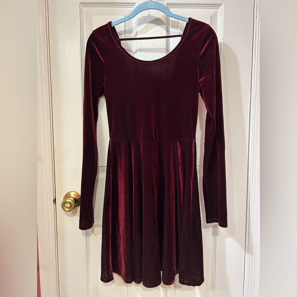 Velvet Long Sleeve A Line Burgundy Maroon Dress Size L Large